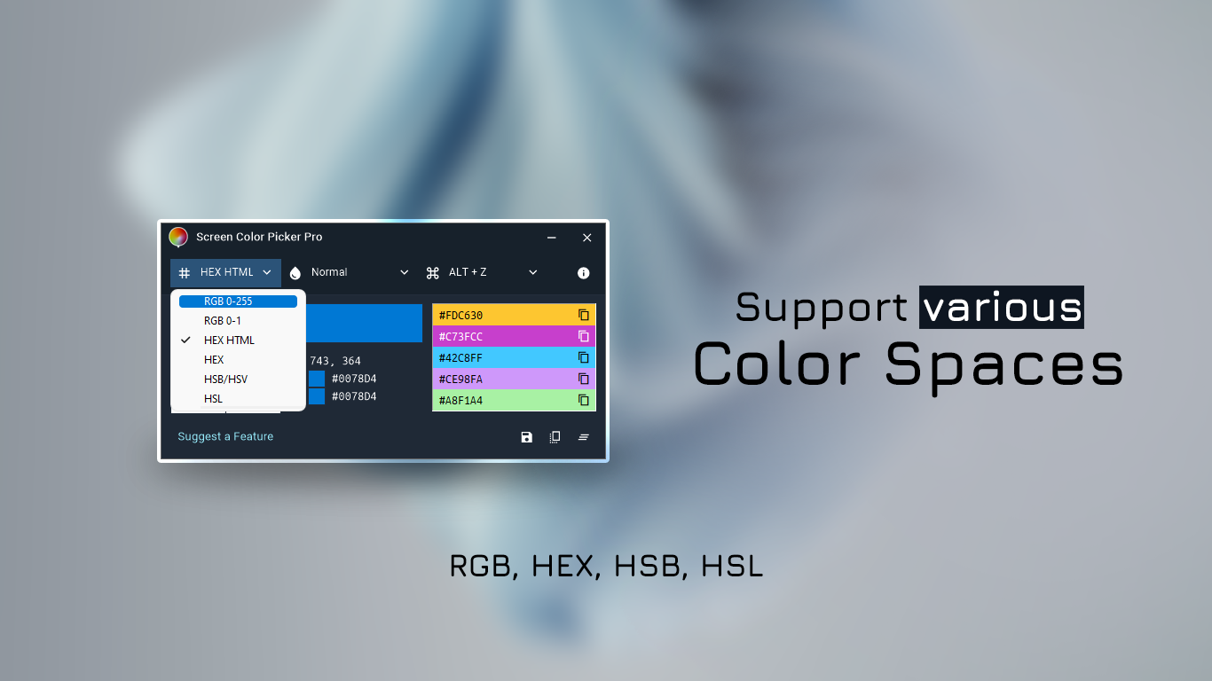 Support Various Color Spaces - RGB, HEX, HSB, HSL