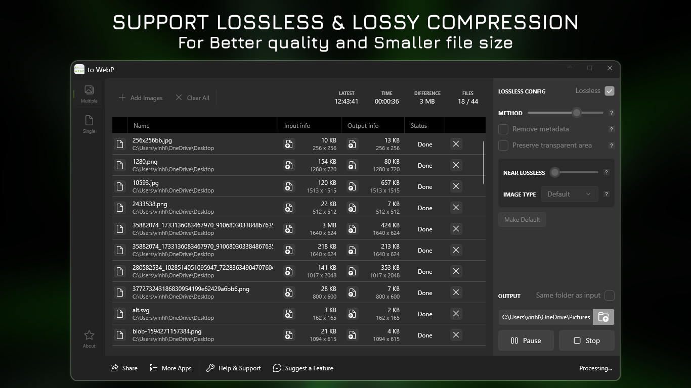 Support Lossless & Lossy Compression - For better quality and Smaller file size.
